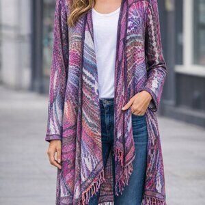 Parsely and Sage 100% wool sweater, open front, vibrant bold colours, boho chic